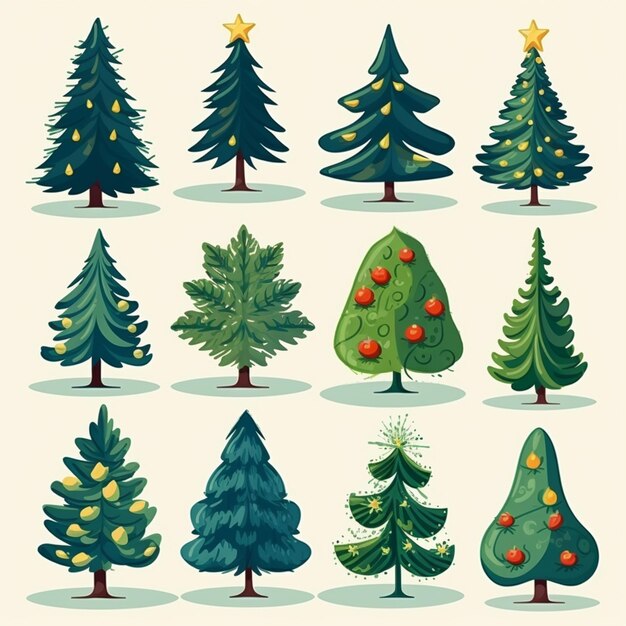 Photo a set of christmas trees with different shapes and sizes generative ai