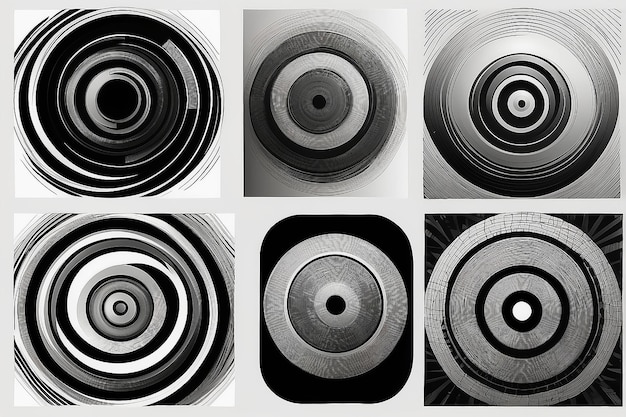 Foto set di cerchi con linee linee in un colore con opacità diversa spirale nera su sfondo bianco e spirale bianca su sfondo nero