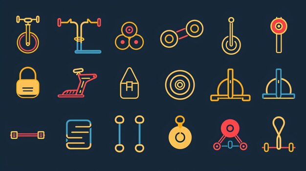 Photo a set of circus icons the icons include a unicycle a tightrope a trapeze a strongman a clown a lion an elephant a seal a ball and a ticket