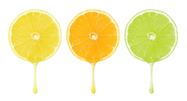 Set of citrus fruit slices with dripping drops isolated with clipping path on white background