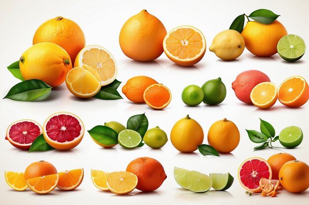 白い背景に分離された柑橘系の果物のセット