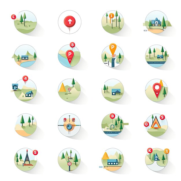 Photo set of city map navigation icons in flat style vector illustration