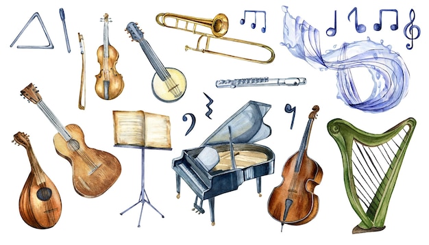 흰색 배경에 격리된 클래식 악기 수채화 그림 세트 손으로 그린 피아노 하프 고음 음자리표 음악 프로젝트를 위한 요소 페인트 칠한 플루트 만돌린과 바이올린
