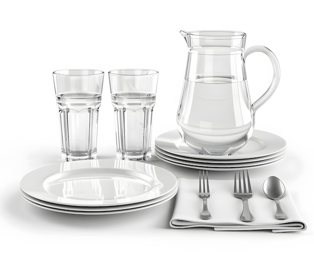 Set of clean dishes and a jug of water on a white background