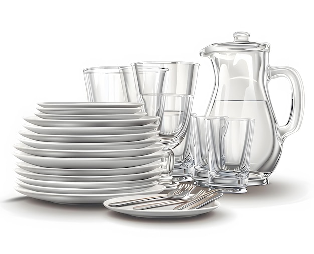 Set of clean dishes and a jug of water on a white background