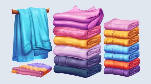 A set of clean washed clothes realistic apparel piles and laundry clothing stacks Isolated fresh ironed garment heaps with shirts linen towels and sweaters textile graphic elements 3D Modern