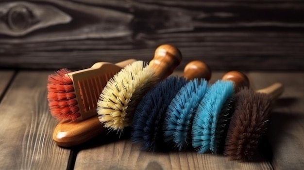 Set of cleaning brushes on a wooden background Closeupgenerative ai