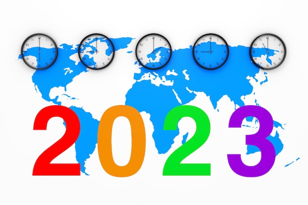 Photo set of clocks with different world time blue world map and new 2023 year sign 3d rendering