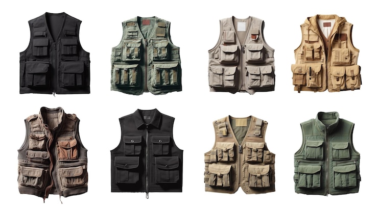 Photo set of a close up vest with multiple pockets on a white background