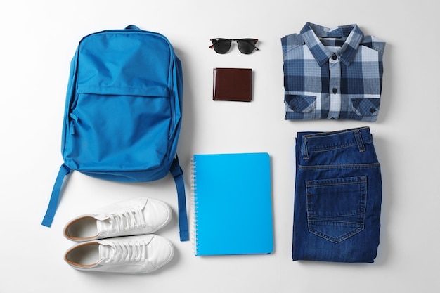 Set of clothes and accessories for man on white background