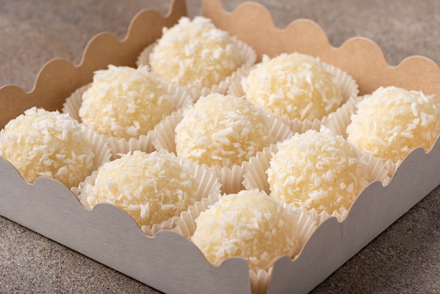 Set of coconut truffles made of white chocolate