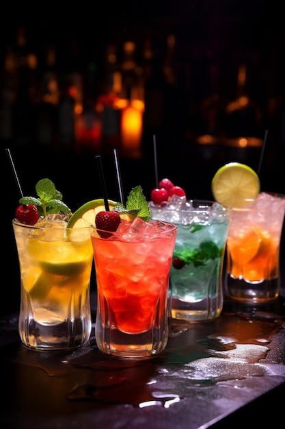 set of coctails on bar counter in a restaurant