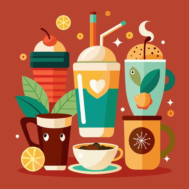 Photo set of coffee cups elements aroma fresh drink