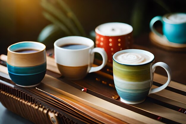 A set of coffee cups and a tea cup with the words 