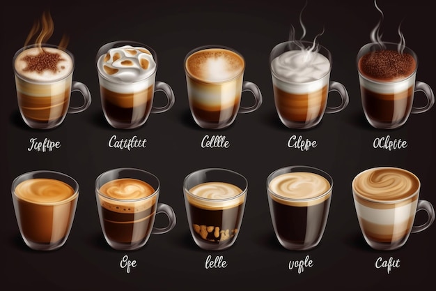 Set of coffee types