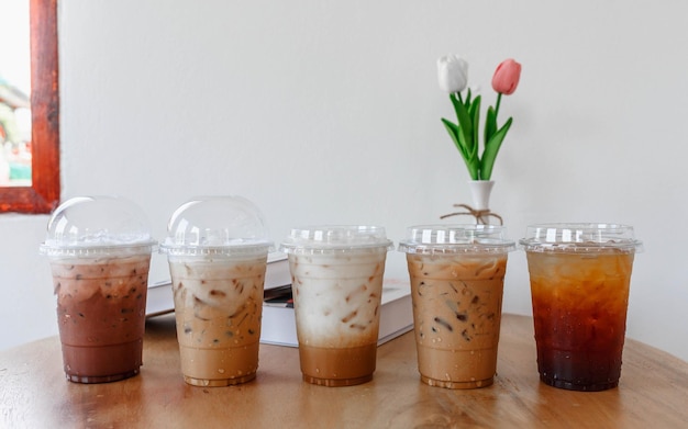 Set cold coffee collection in plastic cups