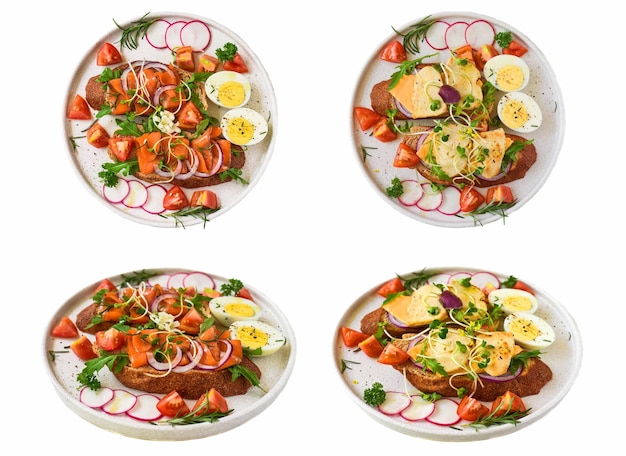 set or collage of different type of sandwiches on white background with chicken and smoked salmon in
