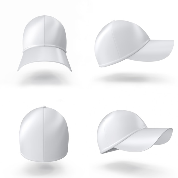 Set collectie realistische witte baseballcap geïsoleerd op witte 3d illustratie