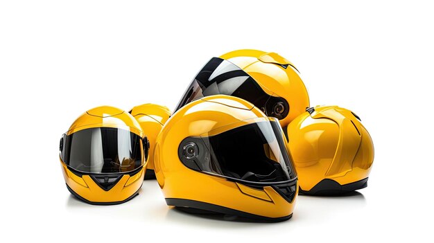 Photo set collection of yellow motorcycle carbon integral crash helmet isolated on white background generative ai