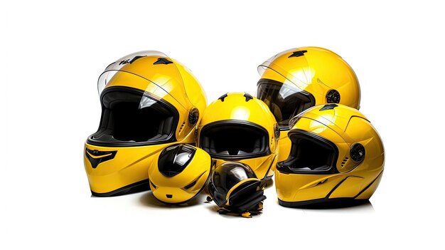 Photo set collection of yellow motorcycle carbon integral crash helmet isolated on white background generative ai