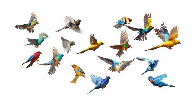 Набор цветных птиц в полете на белом фоне Генеративный ИИ