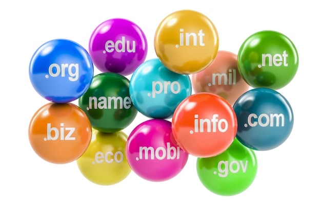 Set of colored balls with domain names fly out from laptop 3D rendering