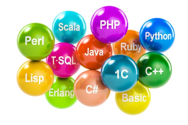 Photo set of colored balls with programming languages names 3d rendering