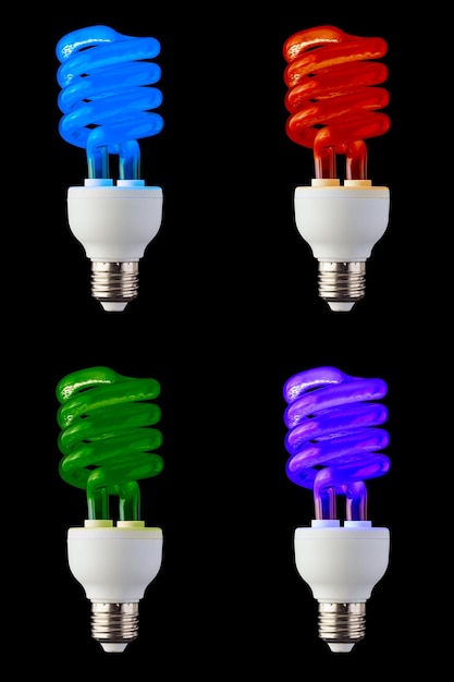 Set of colored CFL neon light bulbs isolated on black background