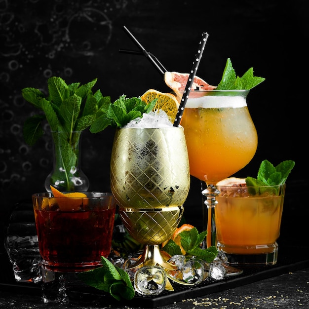 Set of colored cocktails in glasses at the bar Menu bar Alcohol