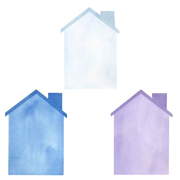 豊かな青、水色、紫の色の屋根と煙突を持つ一連の色付きの家が強調表示されます。