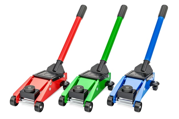 Set of colored hydraulic floor jacks 3D rendering