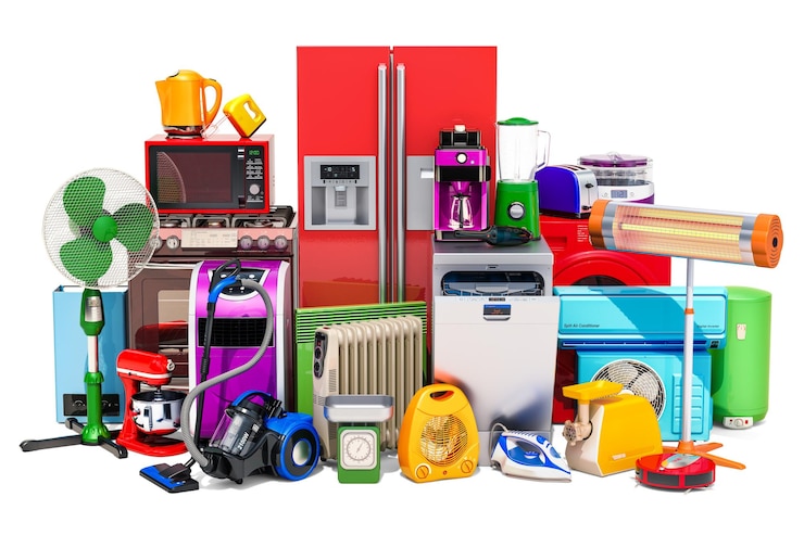 Photo set of colored kitchen and household appliances 3d rendering