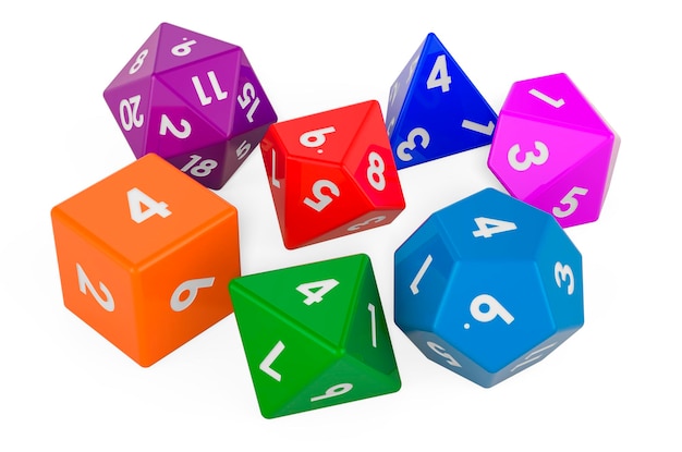 Set of colored roleplaying dice in various colors 3D rendering