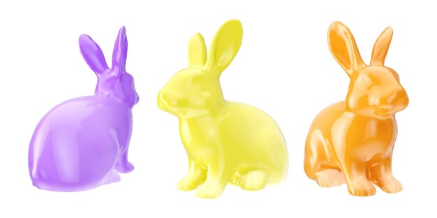 Set of colorful 3d rabbit element in various pose on white isolated background.