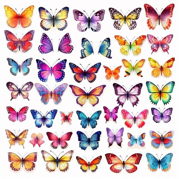 A set of colorful butterflies on a white background generative ai