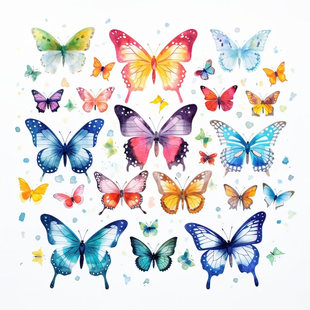 Set of colorful butterfly with paint splashs on white background Generative ai