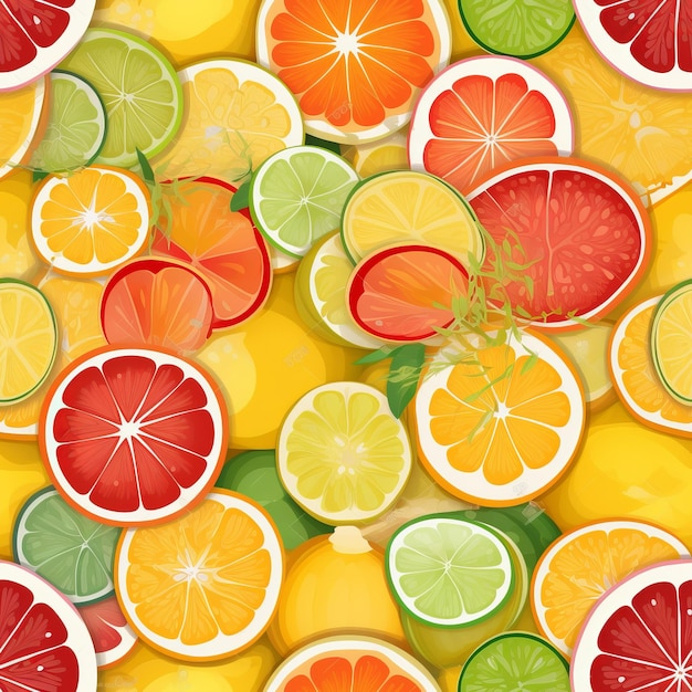 A set of colorful citrus fruits orange grapefruit lemon and lime as a seamless pattern AI generation