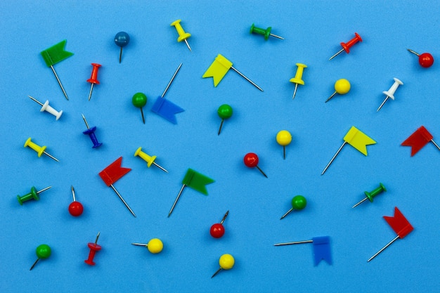 Photo set of colorful color push pins thumbtacks