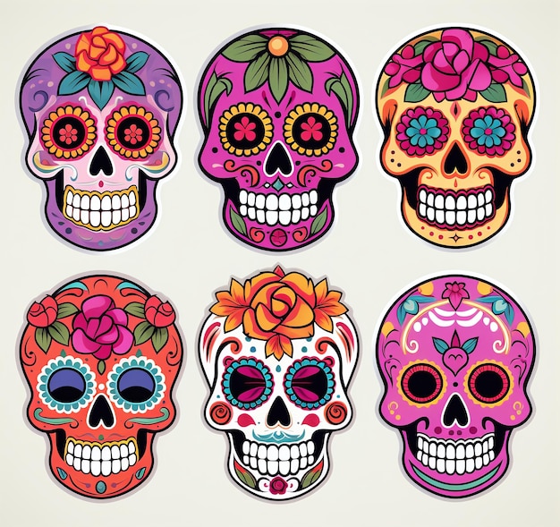 Photo set of colorful day of the dead skulls sticker