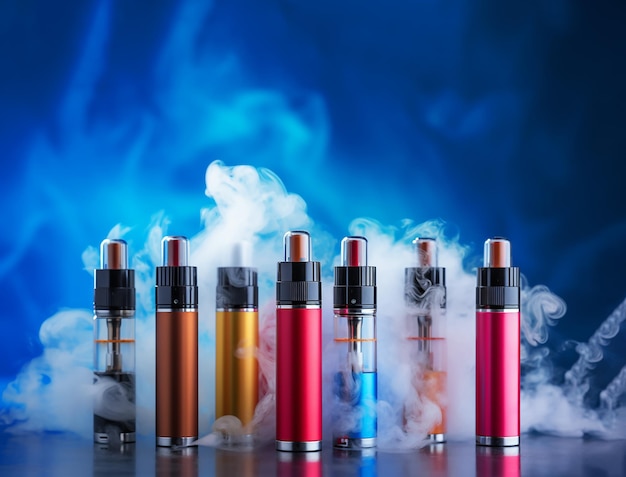 Set of colorful disposable electronic cigarettes on a blue background