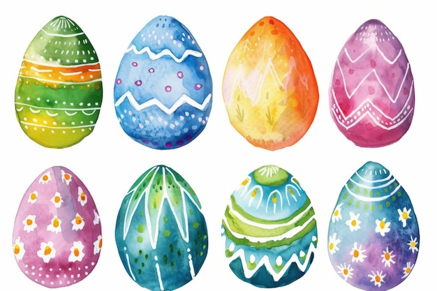 Set of colorful easter eggs isolated on white watercolor easter egg decorations in bright colors