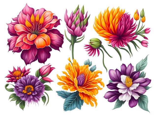 Photo set of colorful flower vibrant watercolorgenerative ai