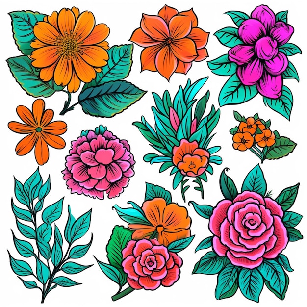 A set of colorful flowers and leaves on a white background generative ai