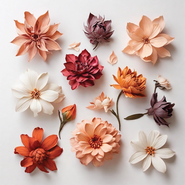 set of colorful flowers on white background