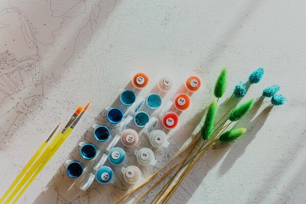 캔버스에 숫자 파스텔 색상으로 그림을 그리기 위한 다채로운 구아슈 세트