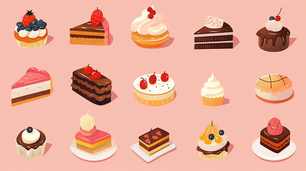 Photo set of colorful hand drawn illustrations of cakes and cupcakes