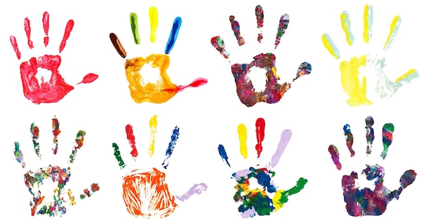 Photo set of colorful hand prints isolated on white background collection of color art hand painted