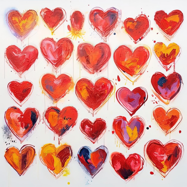 set of colorful hearts with red colored brush in the style of stenciled iconography