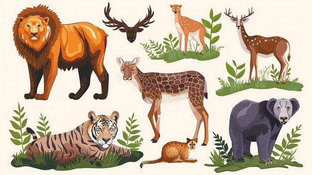 Photo a set of colorful illustrations of various wild animals