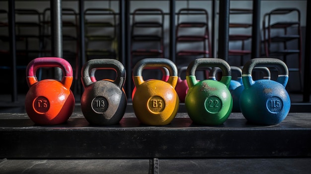 A set of colorful kettlebells lined up on a weight rack